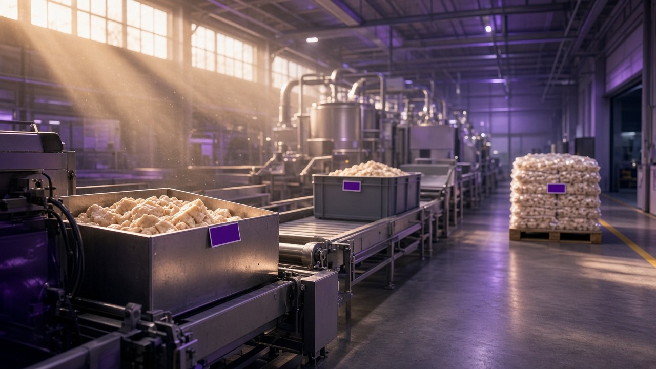 Cinematic factory floor at dawn: a purple lot tag travels on stainless bins along a production line toward a finished pallet, with golden light and a soft royal-purple tone