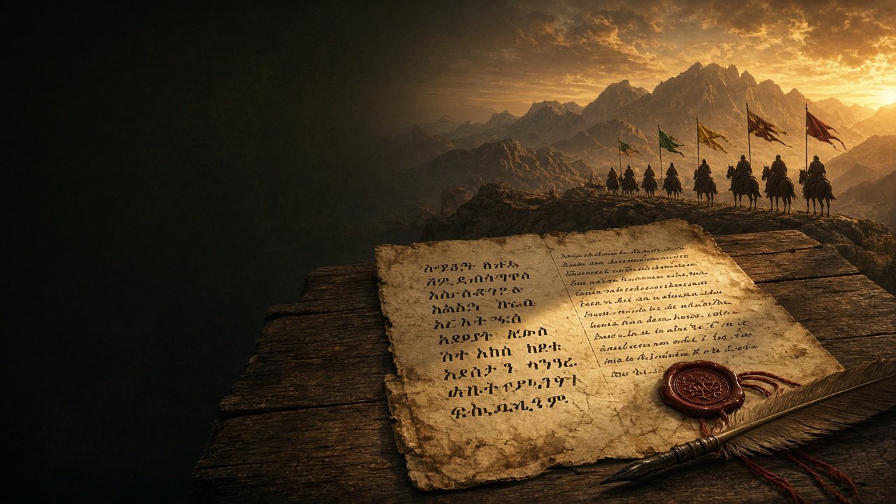 Cinematic cover: an old two-language treaty with a wax seal and quill on a table, with Ethiopian horsemen carrying green, gold and red banners on the mountains of Adwa at dawn