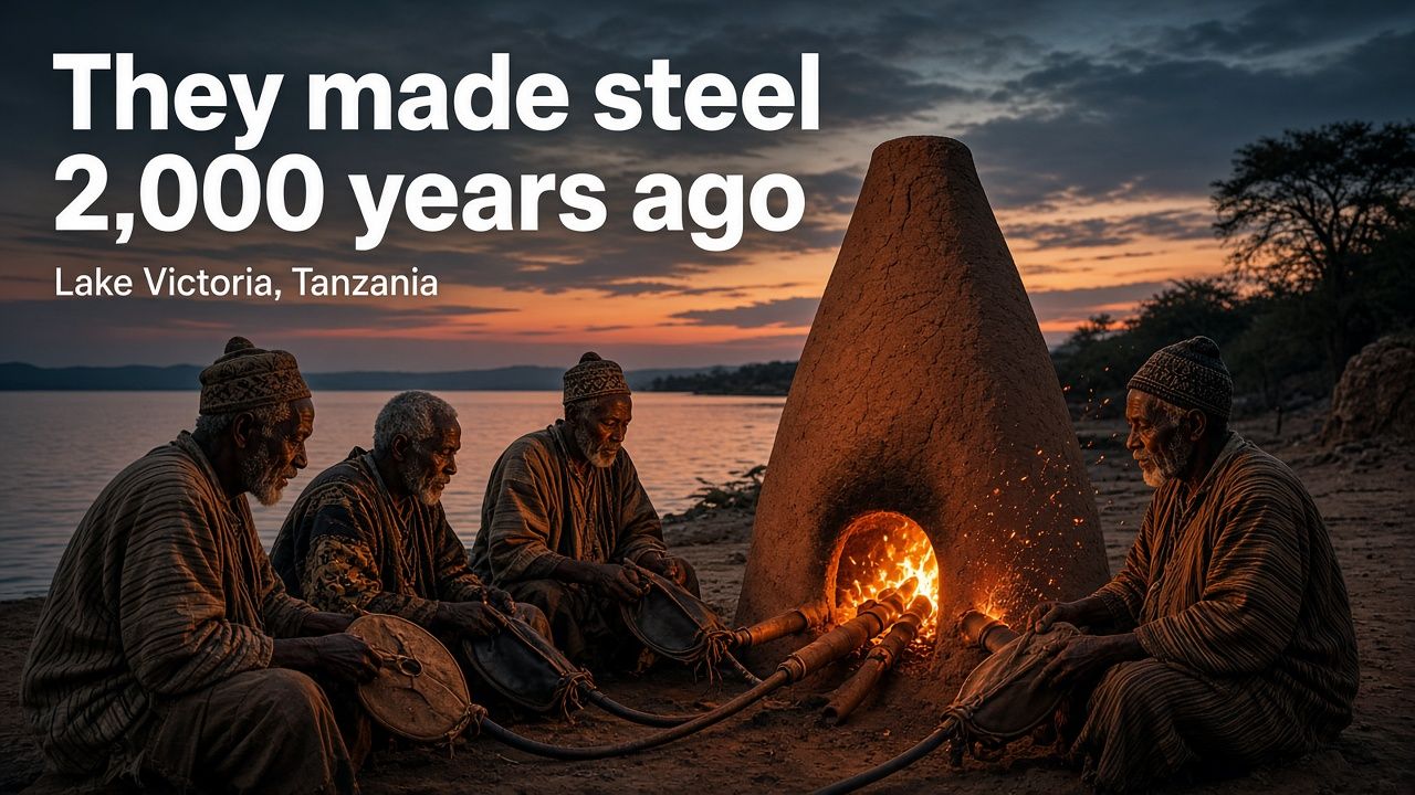 Illustration of Haya elders seated around a glowing cone-shaped clay furnace on the shore of Lake Victoria at dusk, with the caption: They made steel 2,000 years ago