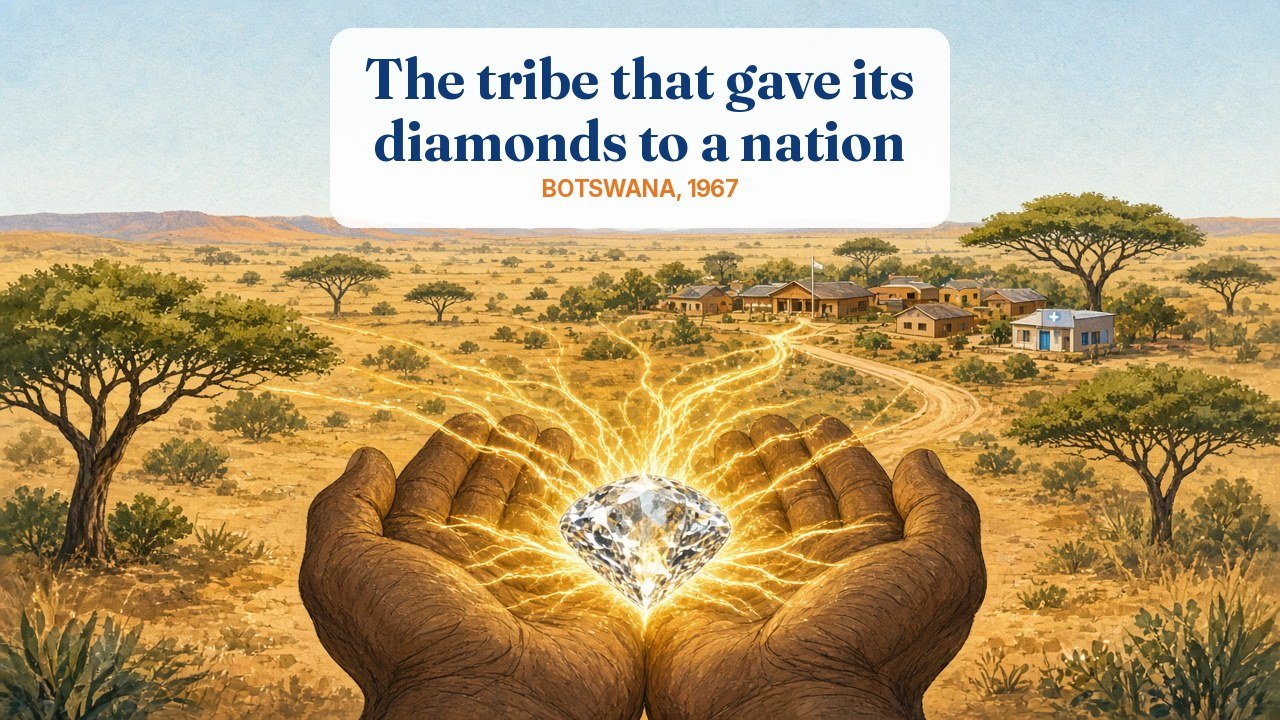 Illustration of open hands holding a glowing diamond whose light flows across the Kalahari savanna to a village with a school, clinic and road, with the caption: The tribe that gave its diamonds to a nation, Botswana, 1967