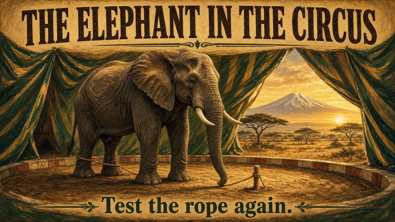 Painted illustration of an elephant in a circus ring tied by a thin rope to a small wooden stake, with Kilimanjaro visible through the tent, captioned "Test the rope again."