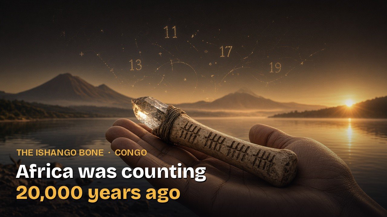 Illustration of an ancient notched bone tool with a quartz tip held in an open palm on the shore of Lake Edward at sunrise, with the caption: Africa was counting 20,000 years ago