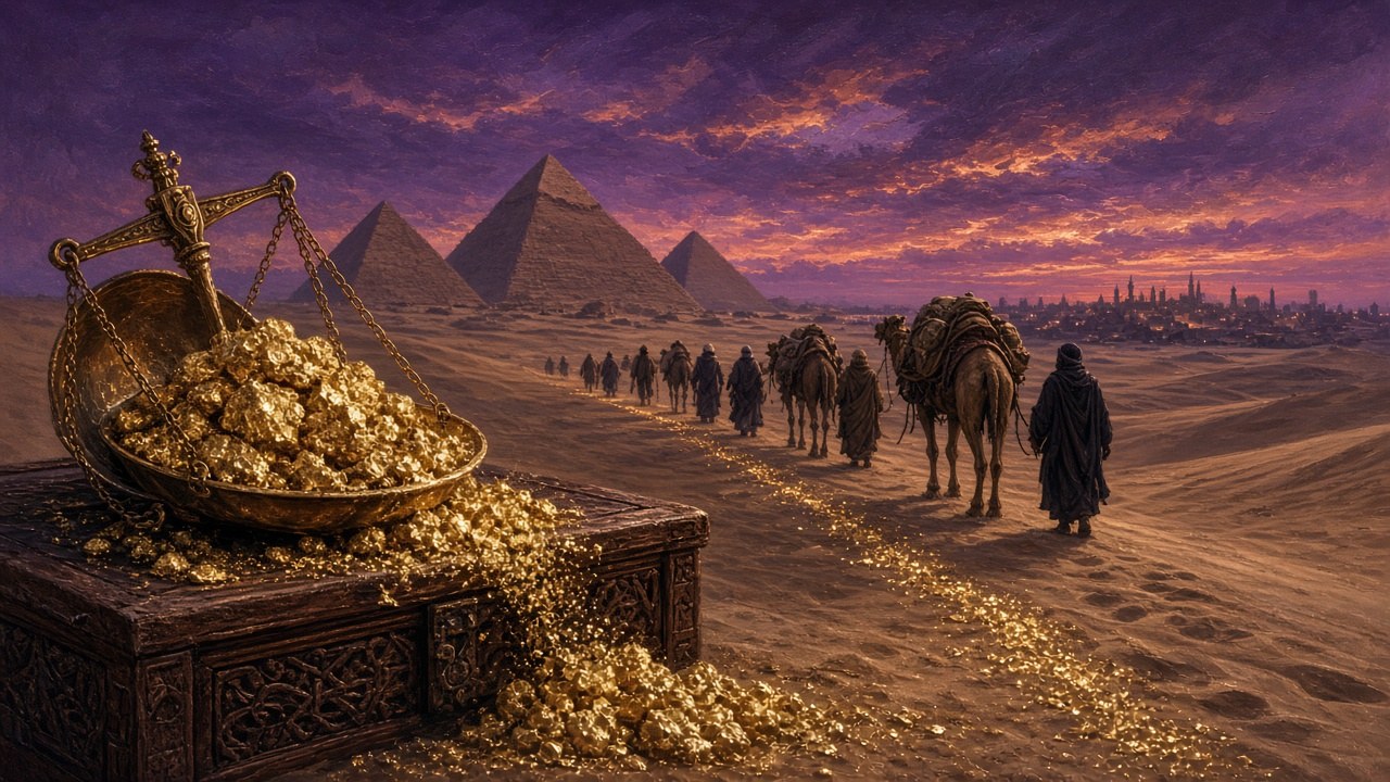 Cinematic cover: a merchant scale tipping with gold beside a caravan and the pyramids under purple and amber dusk