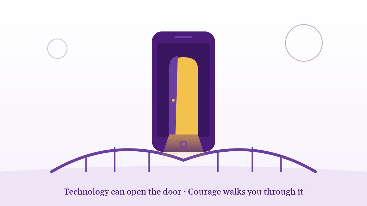 Illustration of a mobile phone whose screen is an open, lit doorway above a bridge, with the caption: Technology can open the door, courage walks you through it