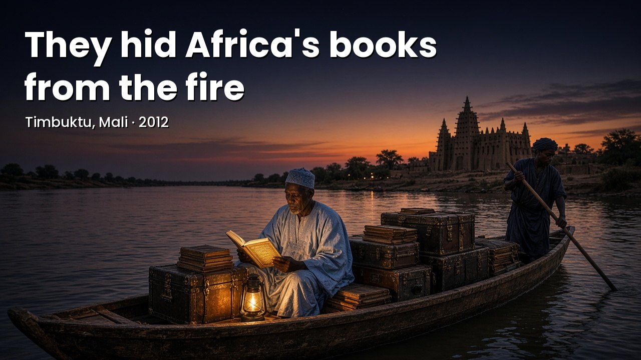 Illustration of a Malian elder reading a manuscript in a canoe loaded with metal trunks on the Niger River at dusk, with a mud-brick mosque in the distance and the caption: They hid Africa's books from the fire