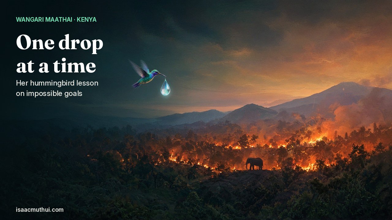 Illustration: a hummingbird carrying a single drop of water toward a burning forest in the Kenyan highlands at dusk, an elephant watching below, with the headline One drop at a time